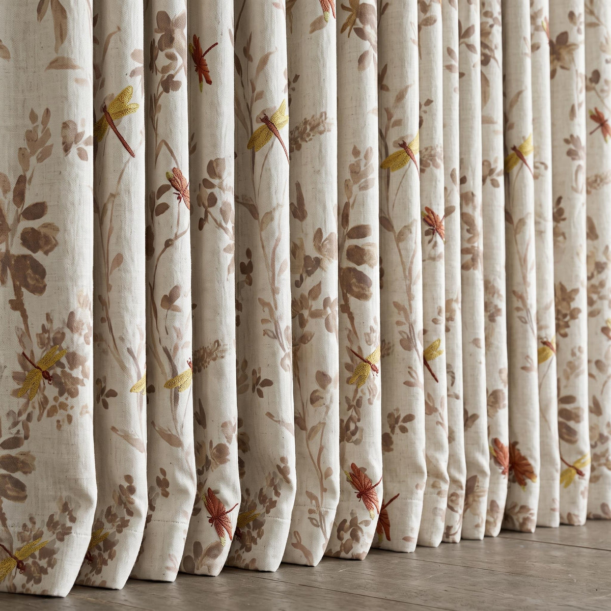 Oatmeal Pure Linen Dragonfly Curtains, Rust Gold Embroidered Botanical Print Drapes, Custom Extra Long Blackout Panels — image 4