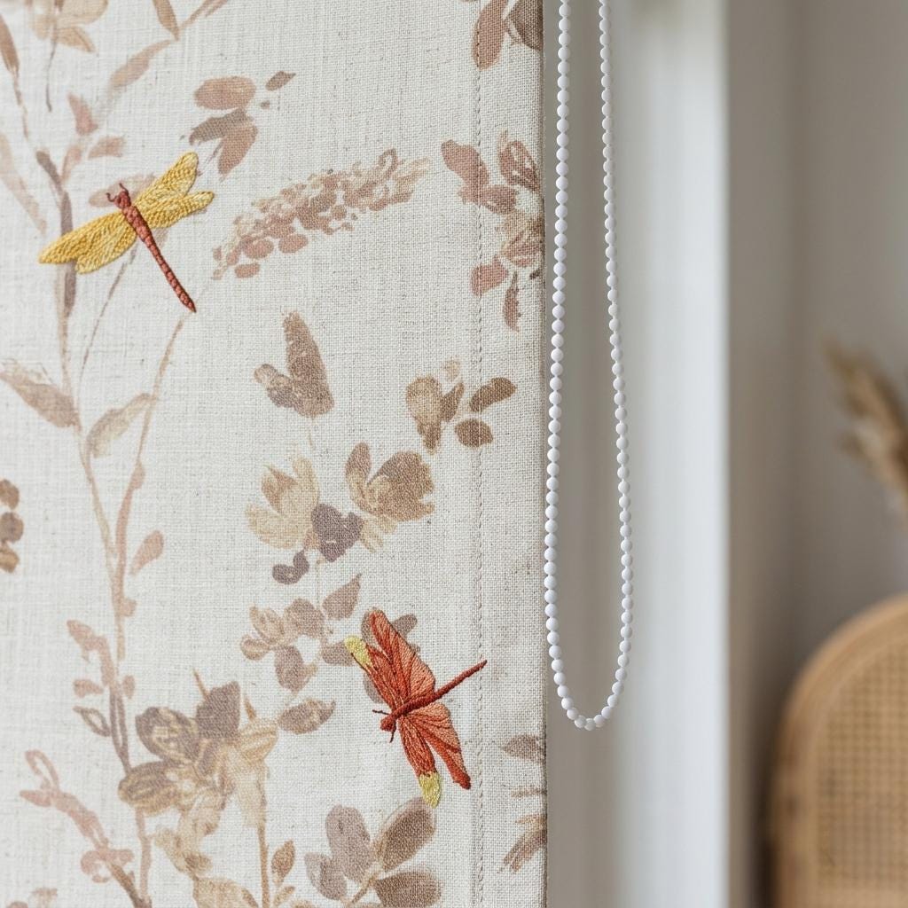 Rust & Gold Dragonfly Embroidered Linen Roman Shade — image 9