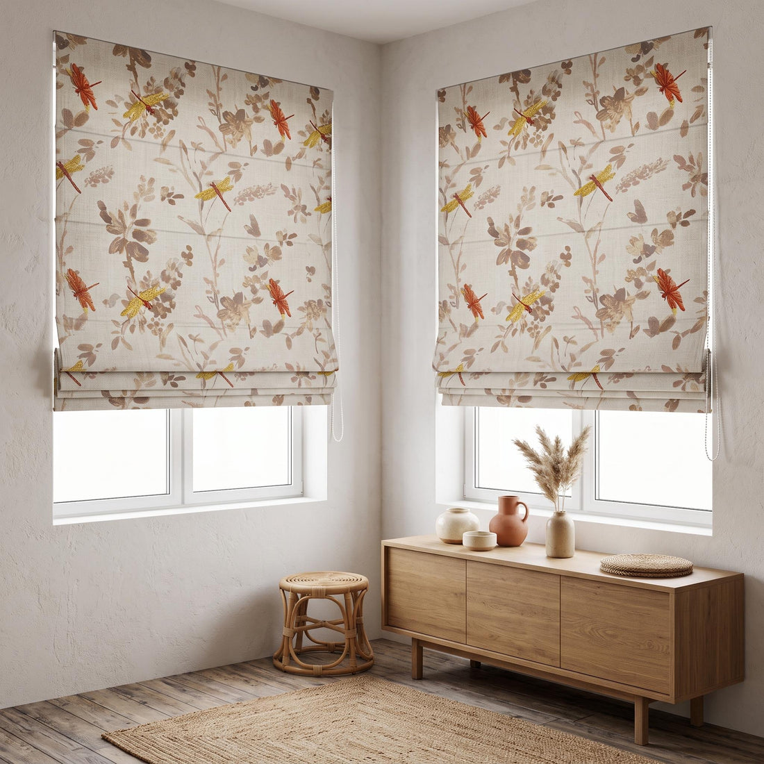 Rust & Gold Dragonfly Embroidered Linen Roman Shade — image 1