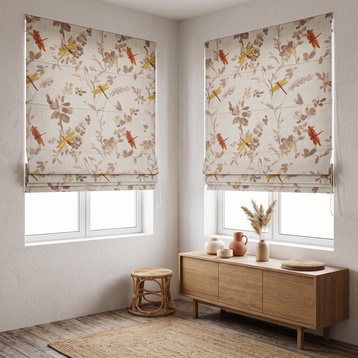 Rust & Gold Dragonfly Embroidered Linen Roman Shade — image 2