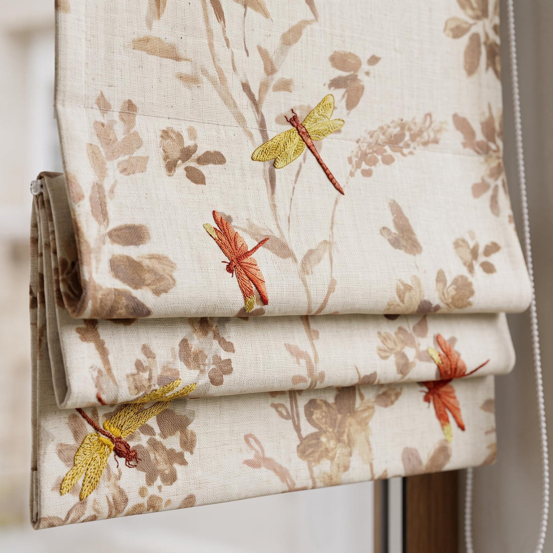 Rust & Gold Dragonfly Embroidered Linen Roman Shade — image 1