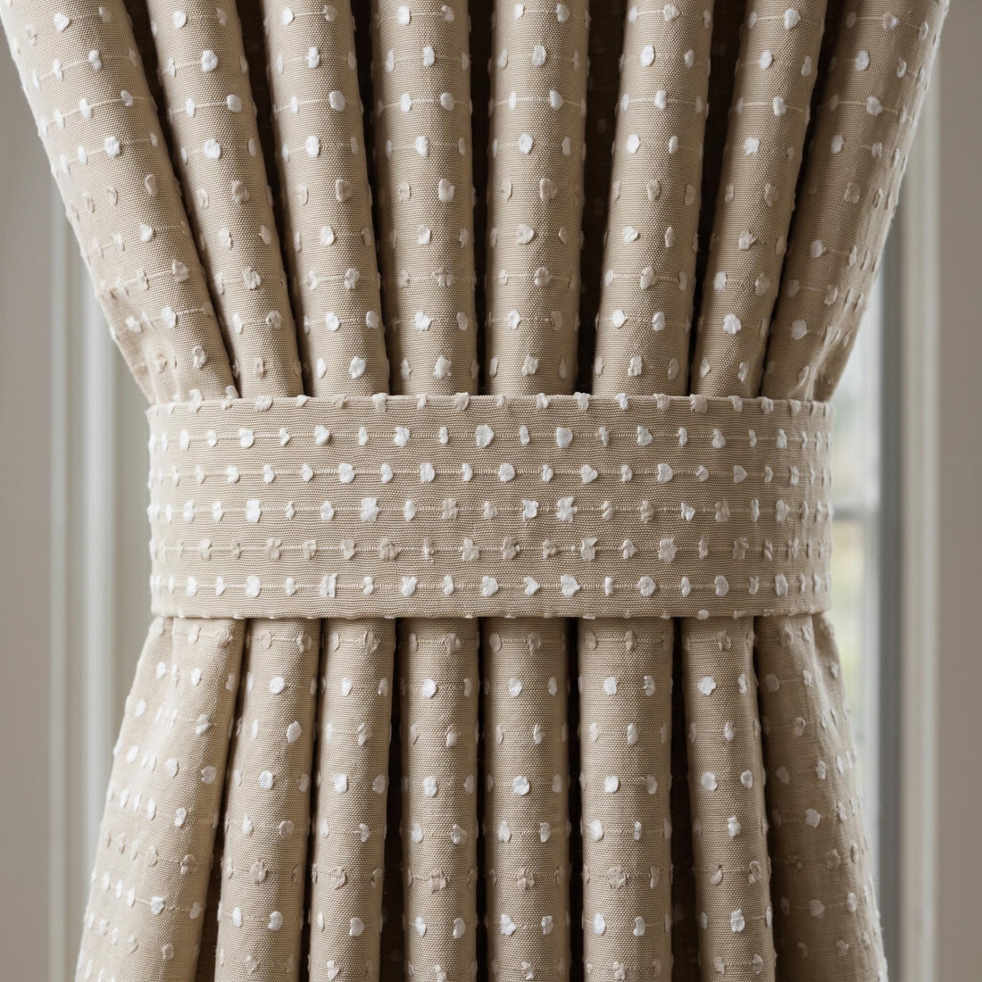 Natural Beige & Ivory Embroidered Linen Curtains, Textured Dot Stripe Drapes, Custom Blackout or Light Filtering Panels — image 1