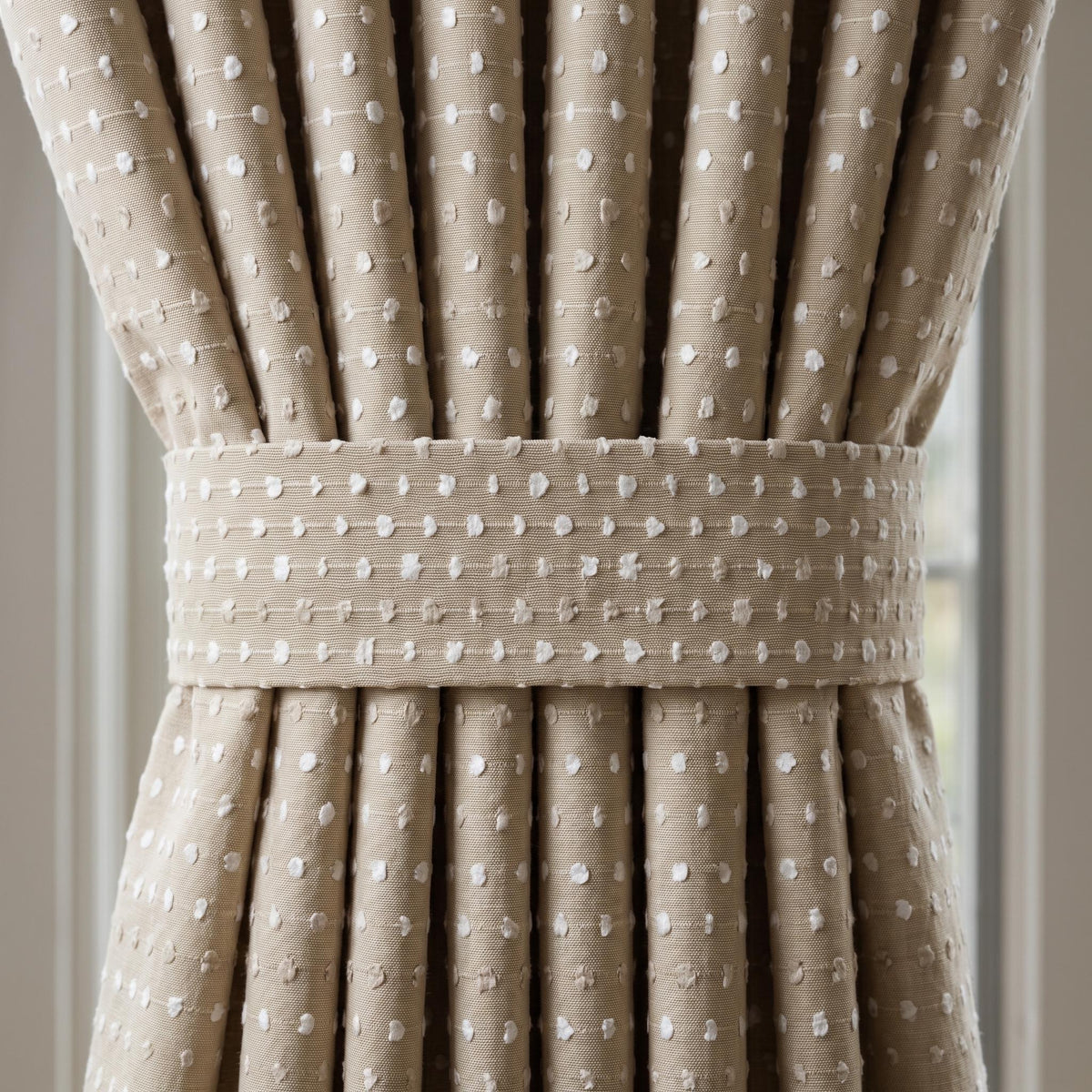 Natural Beige & Ivory Embroidered Linen Curtains, Textured Dot Stripe Drapes, Custom Blackout or Light Filtering Panels — image 2