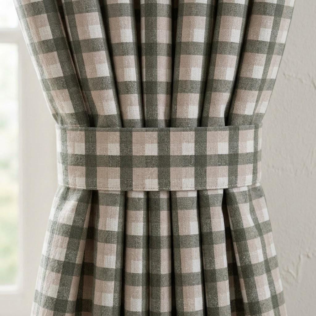 Olive Green, Taupe & Ivory Printed Linen Curtains, Geometric Check Farmhouse Drapes, Custom Blackout or Light Filtering Panels — image 1