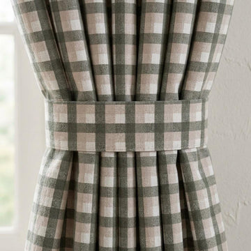 Olive Green, Taupe & Ivory Printed Linen Curtains, Geometric Check Farmhouse Drapes, Custom Blackout or Light Filtering Panels — image 1