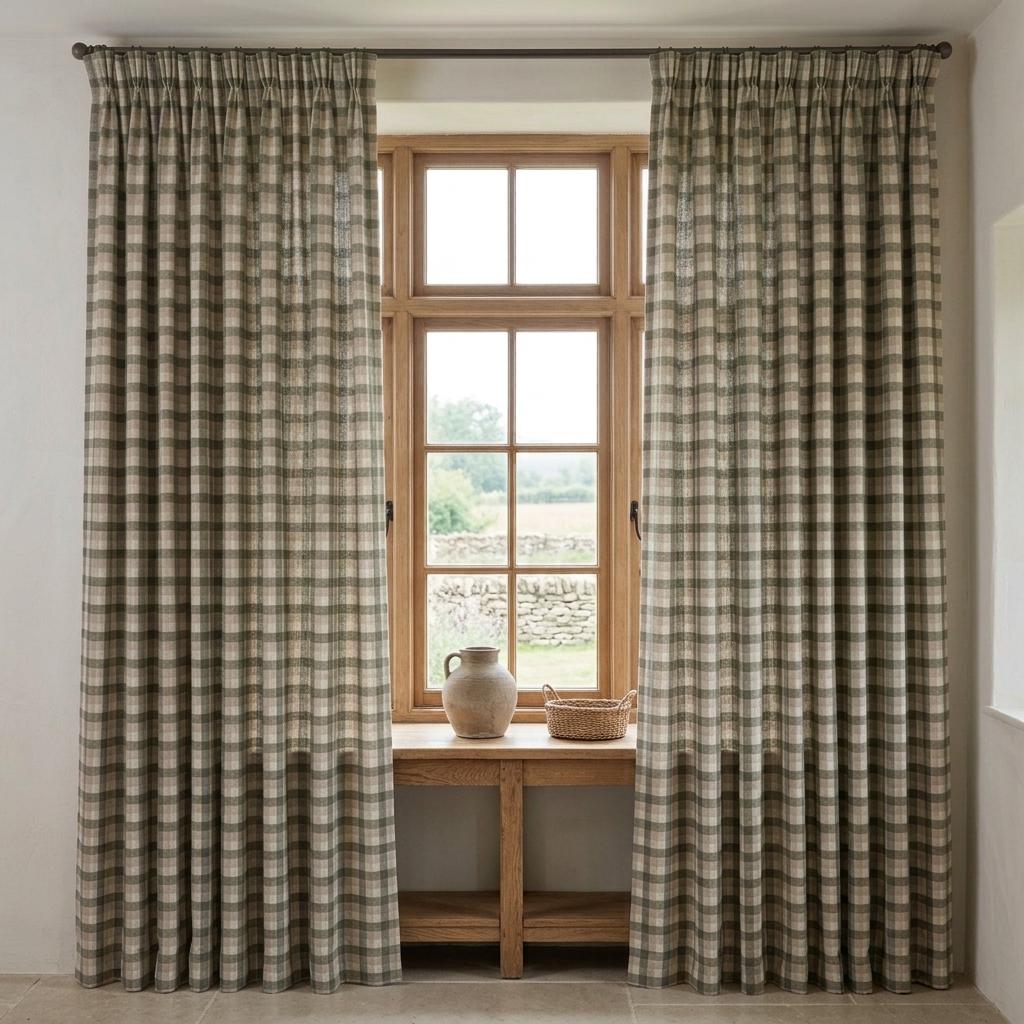 Olive Green, Taupe & Ivory Printed Linen Curtains, Geometric Check Farmhouse Drapes, Custom Blackout or Light Filtering Panels — image 9