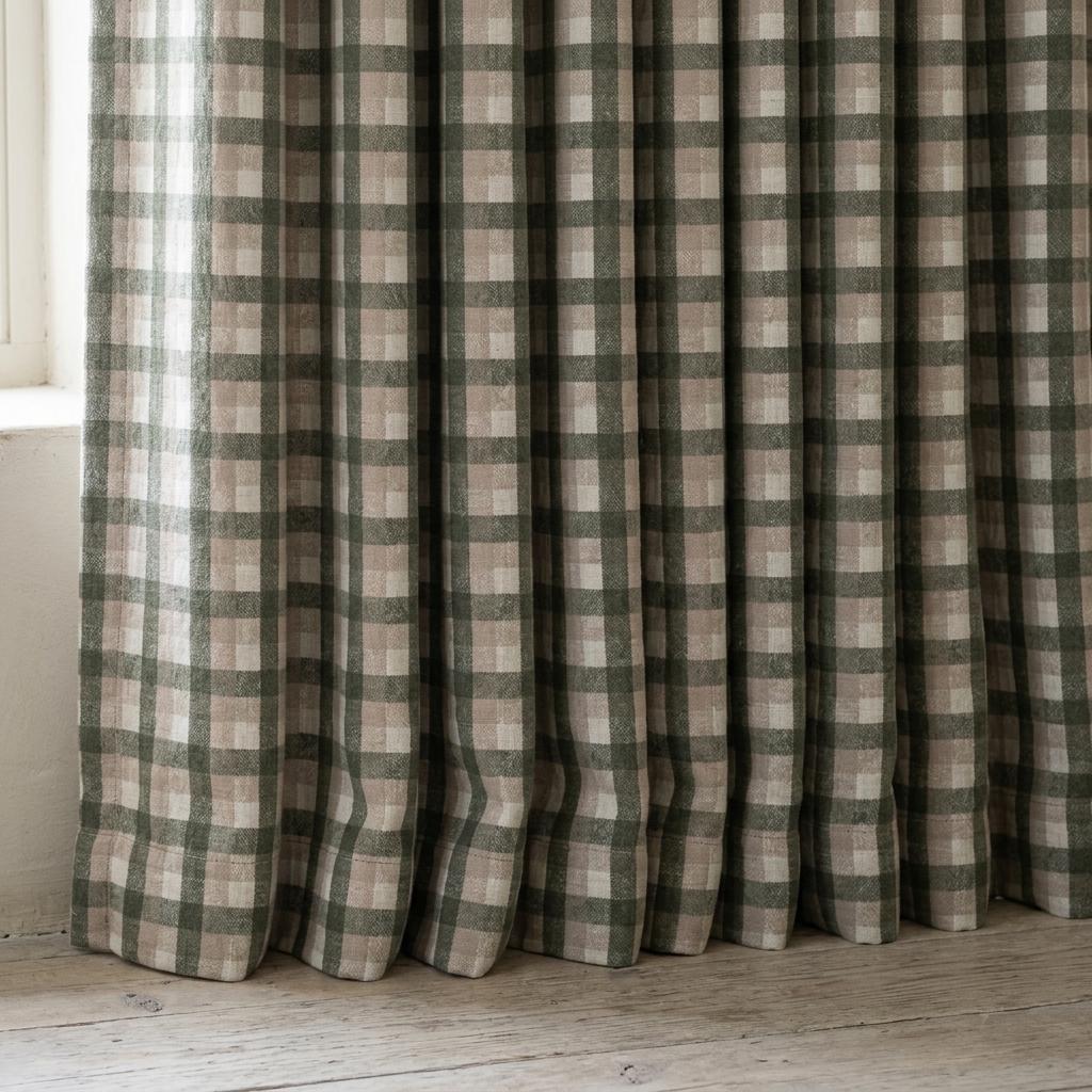 Olive Green, Taupe & Ivory Printed Linen Curtains, Geometric Check Farmhouse Drapes, Custom Blackout or Light Filtering Panels — image 4