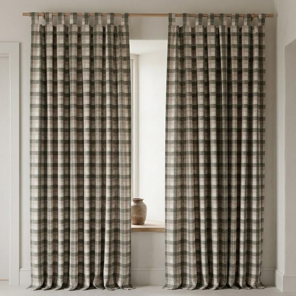 Olive Green, Taupe & Ivory Printed Linen Curtains, Geometric Check Farmhouse Drapes, Custom Blackout or Light Filtering Panels — image 7
