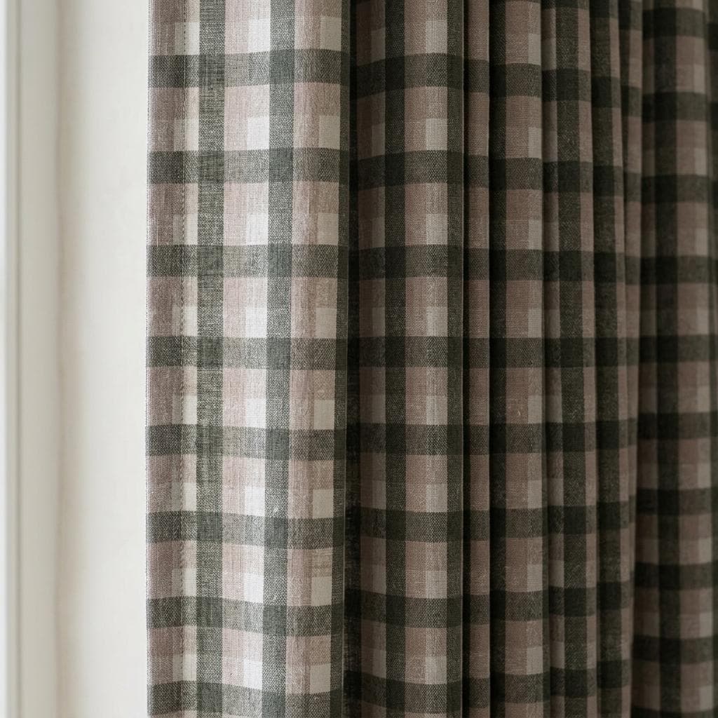 Olive Green, Taupe & Ivory Printed Linen Curtains, Geometric Check Farmhouse Drapes, Custom Blackout or Light Filtering Panels — image 2