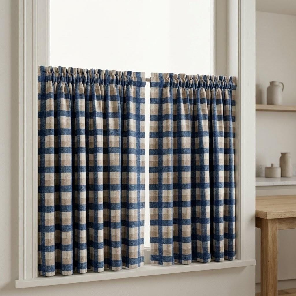 Navy Blue, Taupe & Ivory Printed Linen Curtains, Geometric Check Farmhouse Drapes, Custom Blackout or Light Filtering Panels — image 6