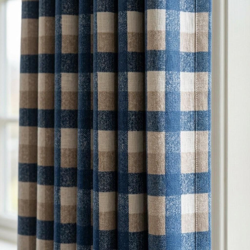 Navy Blue, Taupe & Ivory Printed Linen Curtains, Geometric Check Farmhouse Drapes, Custom Blackout or Light Filtering Panels — image 1