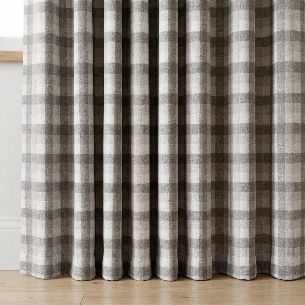 Charcoal Gray, Taupe & Ivory Printed Linen Curtains, Geometric Check Farmhouse Drapes, Custom Blackout or Light Filtering Panels — image 4