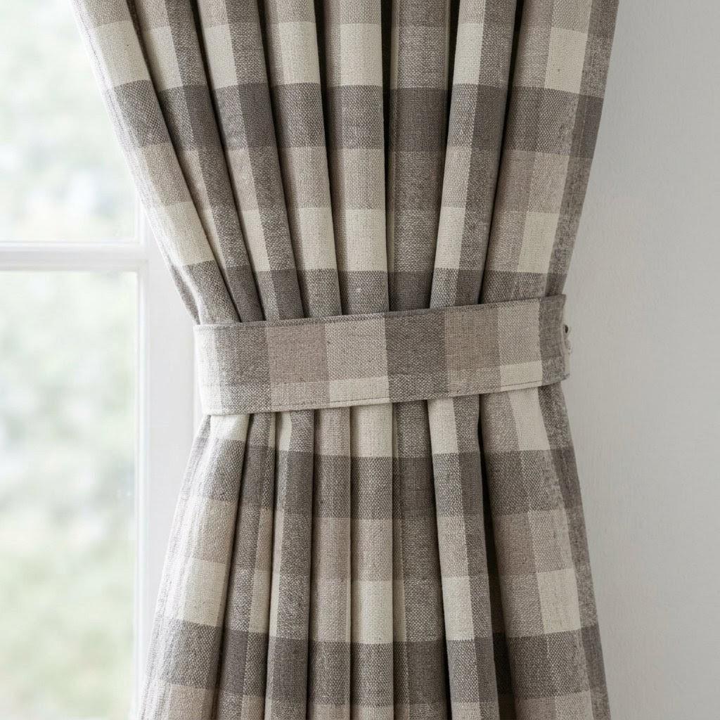Charcoal Gray, Taupe & Ivory Printed Linen Curtains, Geometric Check Farmhouse Drapes, Custom Blackout or Light Filtering Panels — image 1