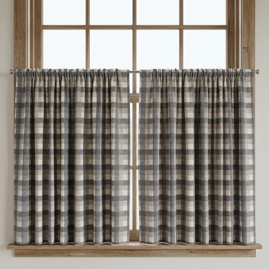 Dark Charcoal Gray, Taupe & Ivory Printed Linen Curtains, Geometric Check Farmhouse Drapes, Custom Blackout or Light Filtering Panels — image 7