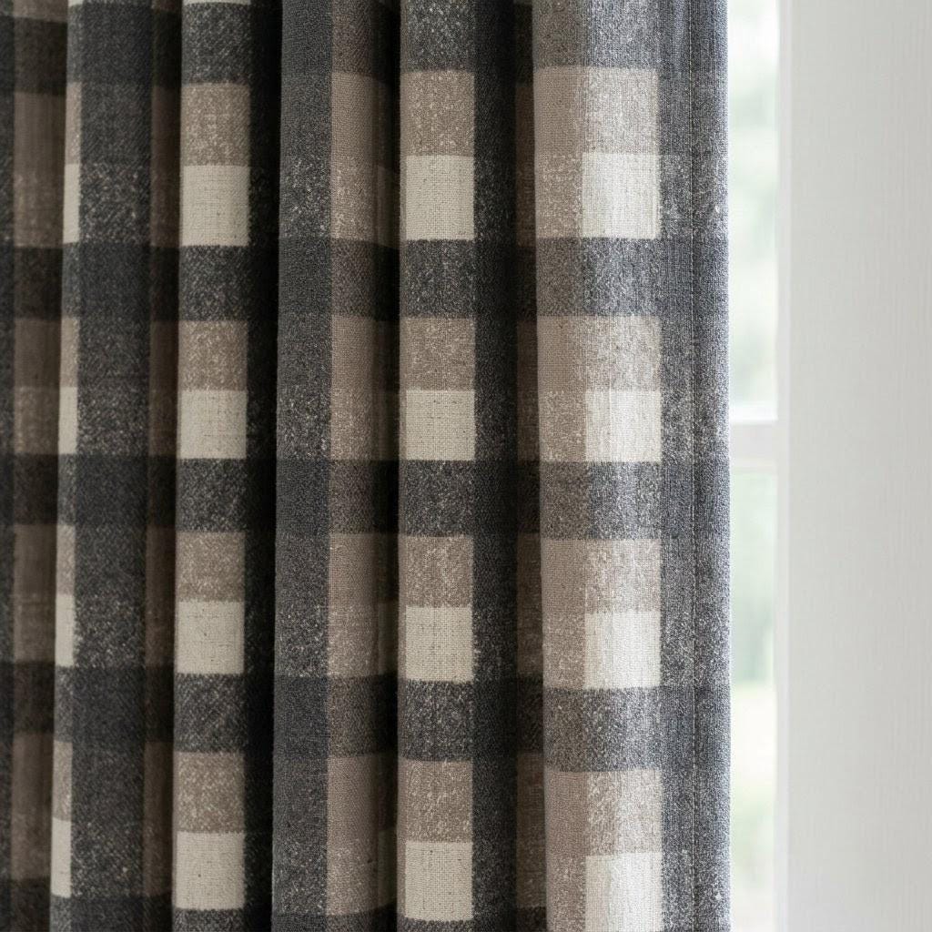 Dark Charcoal Gray, Taupe & Ivory Printed Linen Curtains, Geometric Check Farmhouse Drapes, Custom Blackout or Light Filtering Panels — image 1