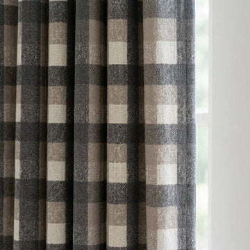 Dark Charcoal Gray, Taupe & Ivory Printed Linen Curtains, Geometric Check Farmhouse Drapes, Custom Blackout or Light Filtering Panels — image 1