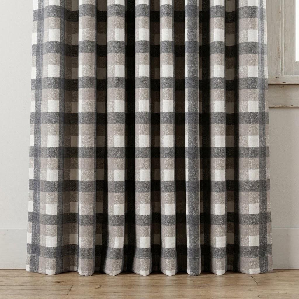Dark Charcoal Gray, Taupe & Ivory Printed Linen Curtains, Geometric Check Farmhouse Drapes, Custom Blackout or Light Filtering Panels — image 1
