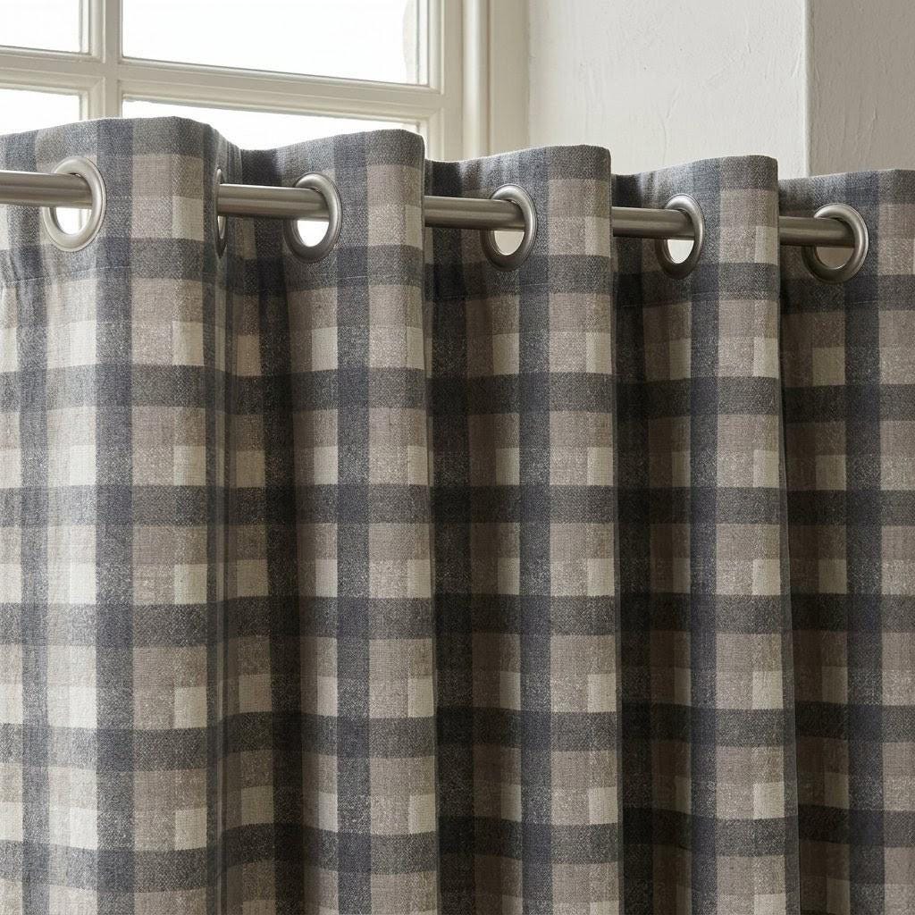 Dark Charcoal Gray, Taupe & Ivory Printed Linen Curtains, Geometric Check Farmhouse Drapes, Custom Blackout or Light Filtering Panels — image 8