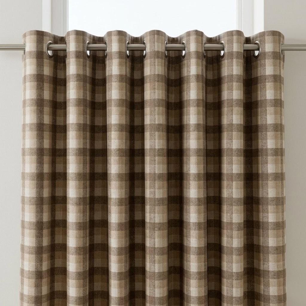 Taupe Brown, Beige & Ivory Printed Linen Curtains, Geometric Check Farmhouse Drapes, Custom Blackout or Light Filtering Panels — image 5