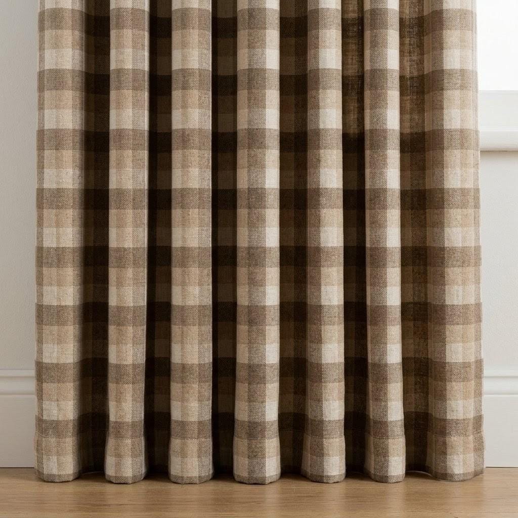 Taupe Brown, Beige & Ivory Printed Linen Curtains, Geometric Check Farmhouse Drapes, Custom Blackout or Light Filtering Panels — image 3