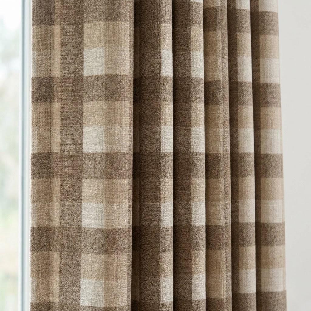 Taupe Brown, Beige & Ivory Printed Linen Curtains, Geometric Check Farmhouse Drapes, Custom Blackout or Light Filtering Panels — image 1