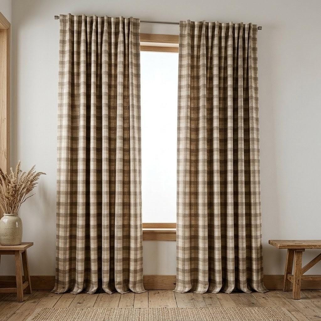 Taupe Brown, Beige & Ivory Printed Linen Curtains, Geometric Check Farmhouse Drapes, Custom Blackout or Light Filtering Panels — image 6