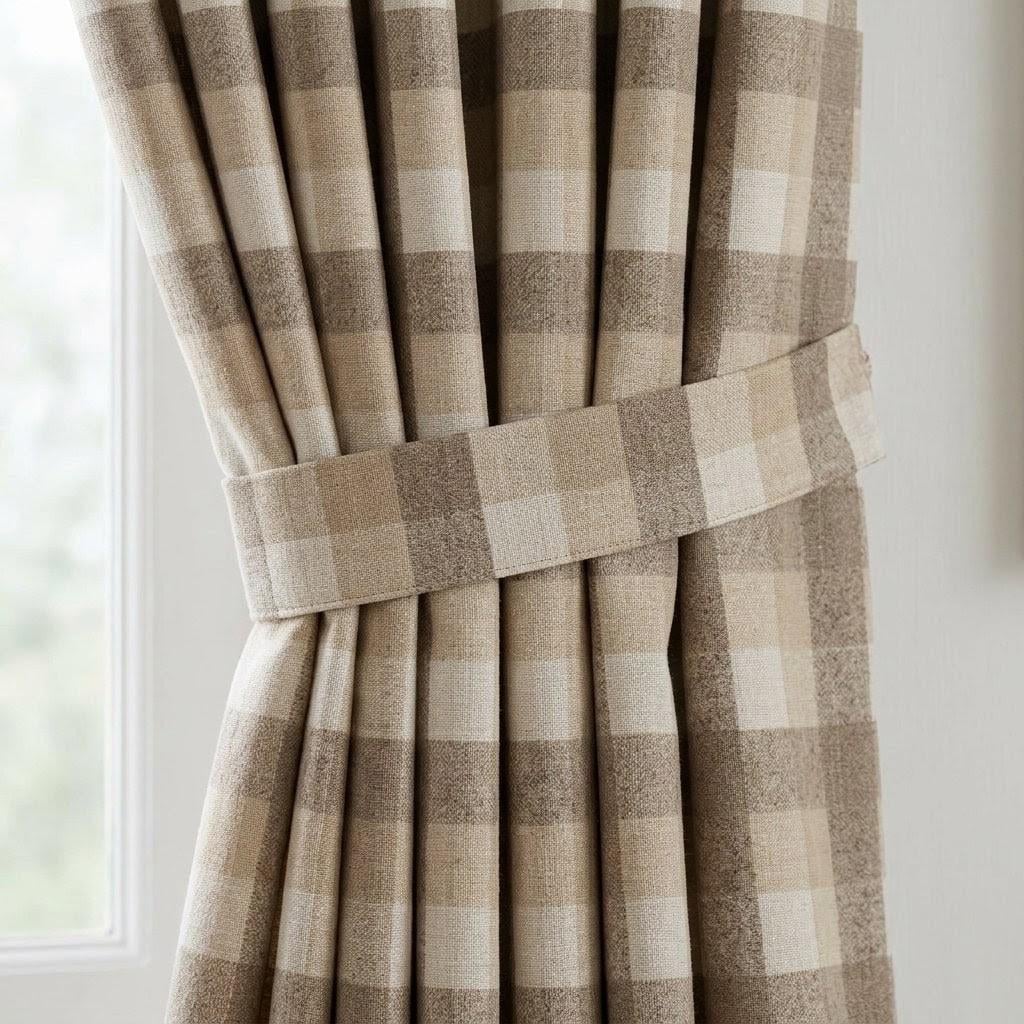 Taupe Brown, Beige & Ivory Printed Linen Curtains, Geometric Check Farmhouse Drapes, Custom Blackout or Light Filtering Panels — image 1