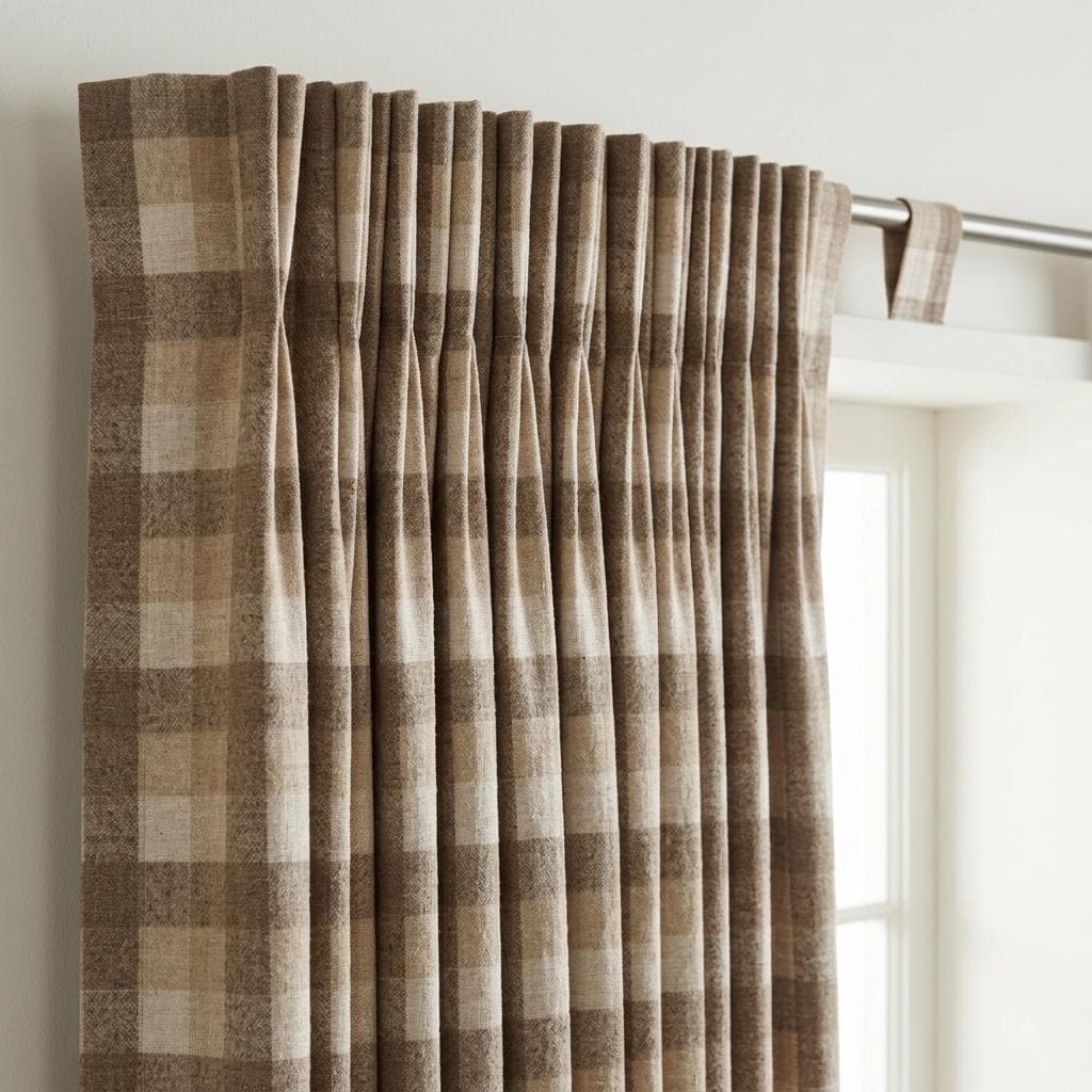 Taupe Brown, Beige & Ivory Printed Linen Curtains, Geometric Check Farmhouse Drapes, Custom Blackout or Light Filtering Panels — image 7