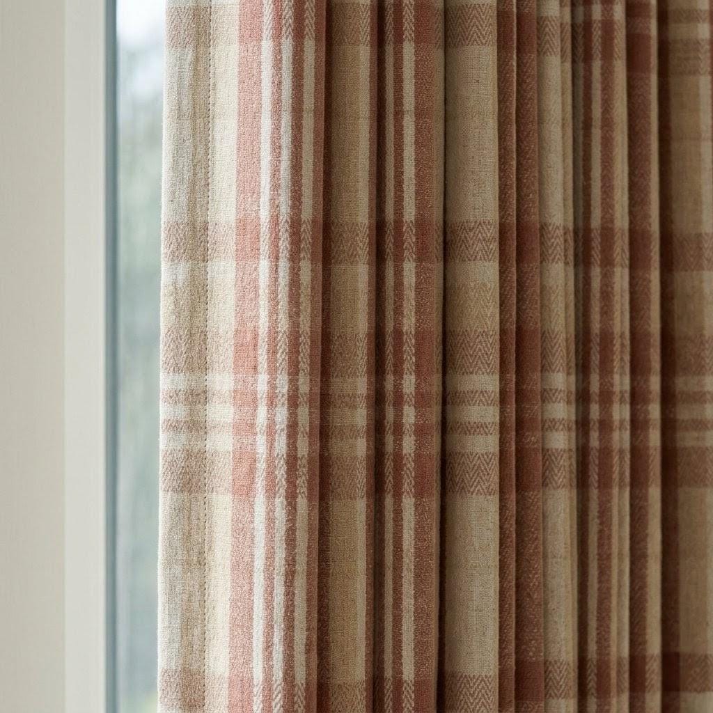 Terracotta Rust & Beige Pure Linen Curtains, Printed Herringbone Plaid Farmhouse Drapes, Custom Blackout or Light Filtering Panels — image 1