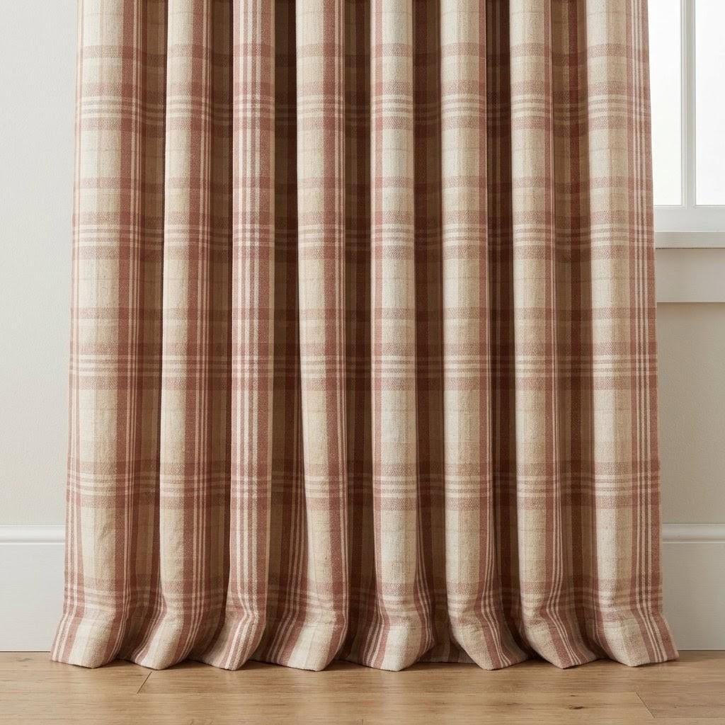 Terracotta Rust & Beige Pure Linen Curtains, Printed Herringbone Plaid Farmhouse Drapes, Custom Blackout or Light Filtering Panels — image 3