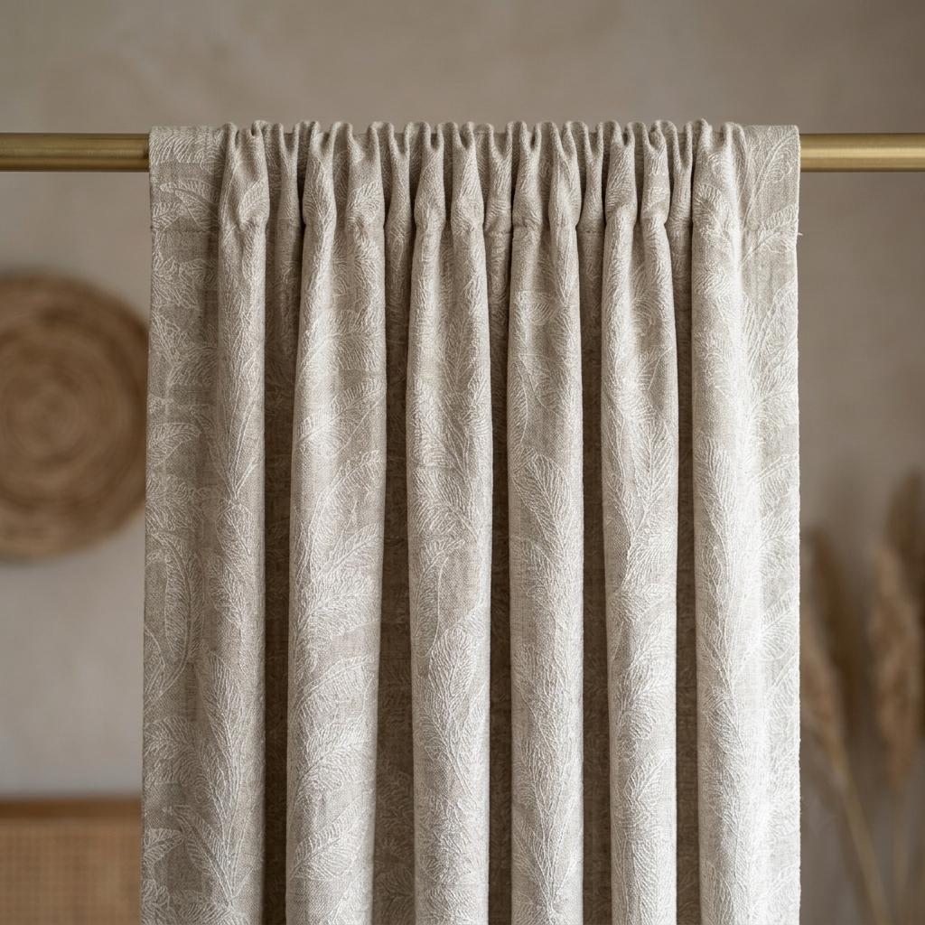 Taupe Greige Pure Linen Curtains, Ivory Embroidered Botanical Leaf Drapes, Custom Blackout or Light Filtering — image 7