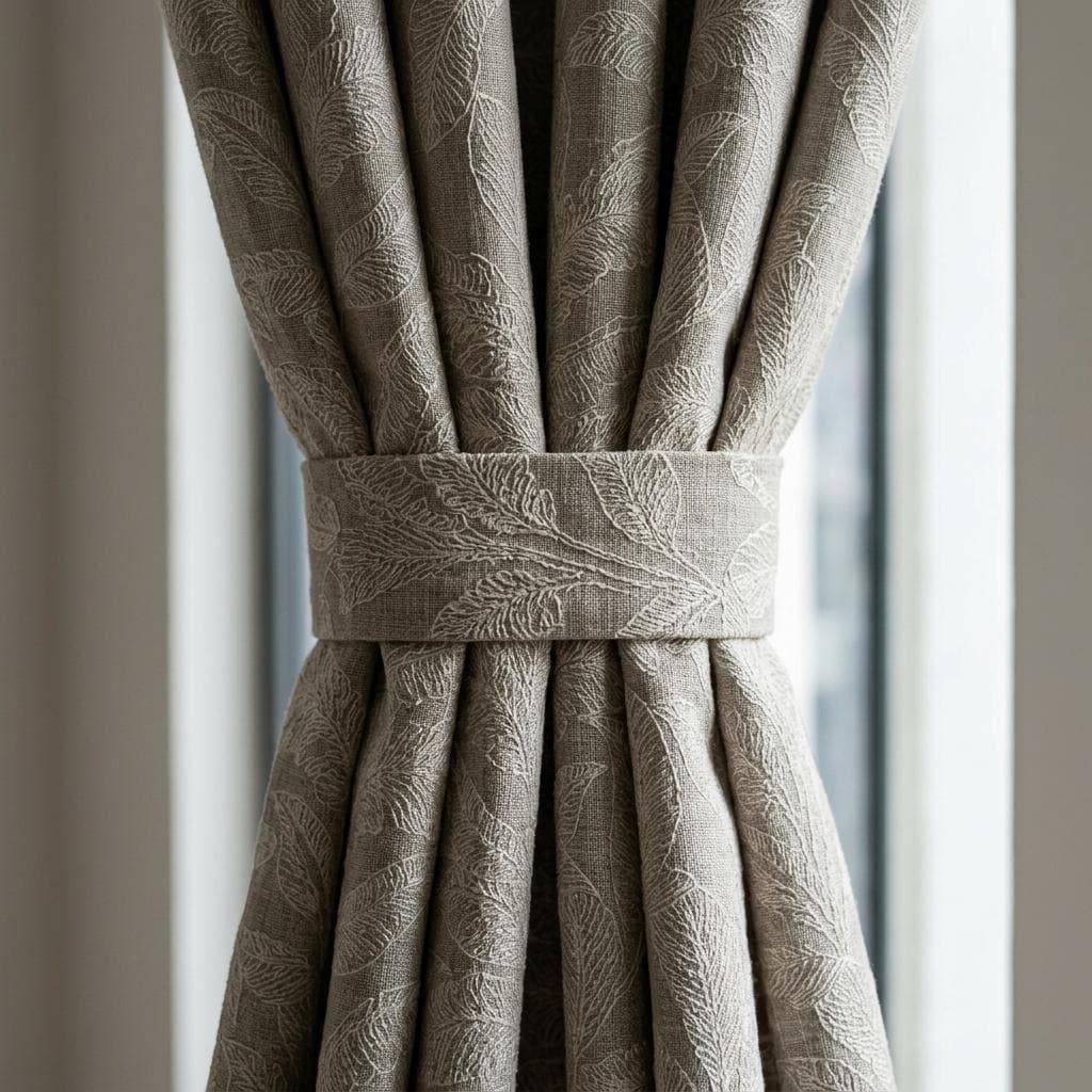 Taupe Greige Pure Linen Curtains, Ivory Embroidered Botanical Leaf Drapes, Custom Blackout or Light Filtering — image 1