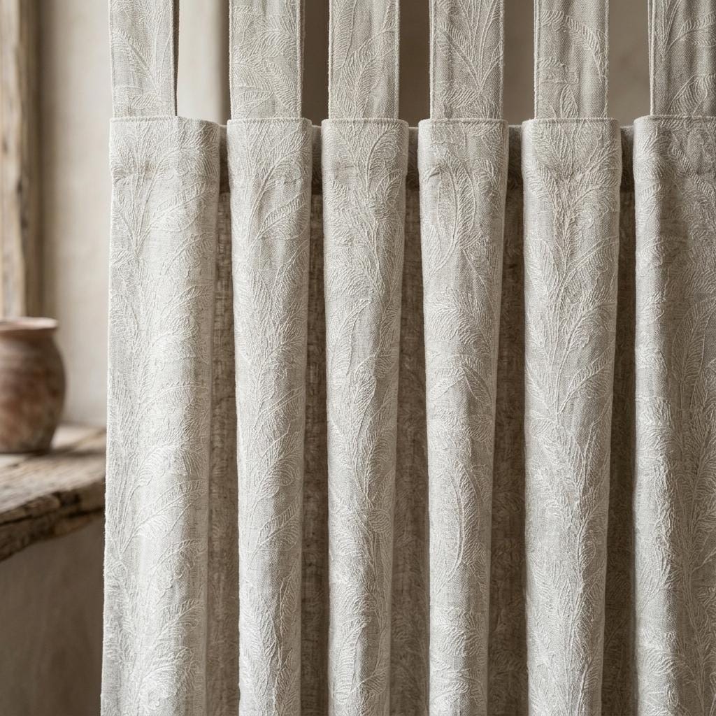 Taupe Greige Pure Linen Curtains, Ivory Embroidered Botanical Leaf Drapes, Custom Blackout or Light Filtering — image 10