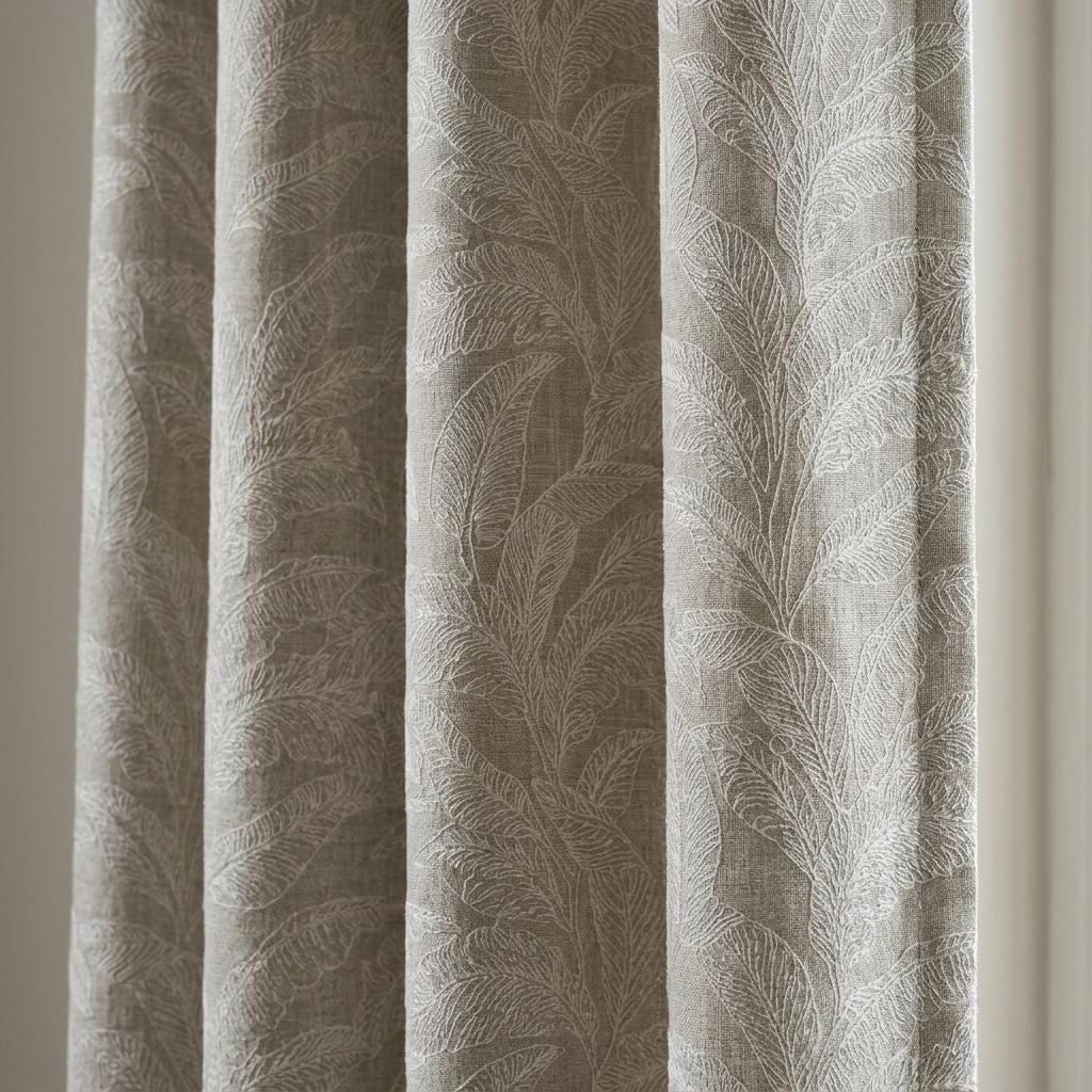 Taupe Greige Pure Linen Curtains, Ivory Embroidered Botanical Leaf Drapes, Custom Blackout or Light Filtering — image 4