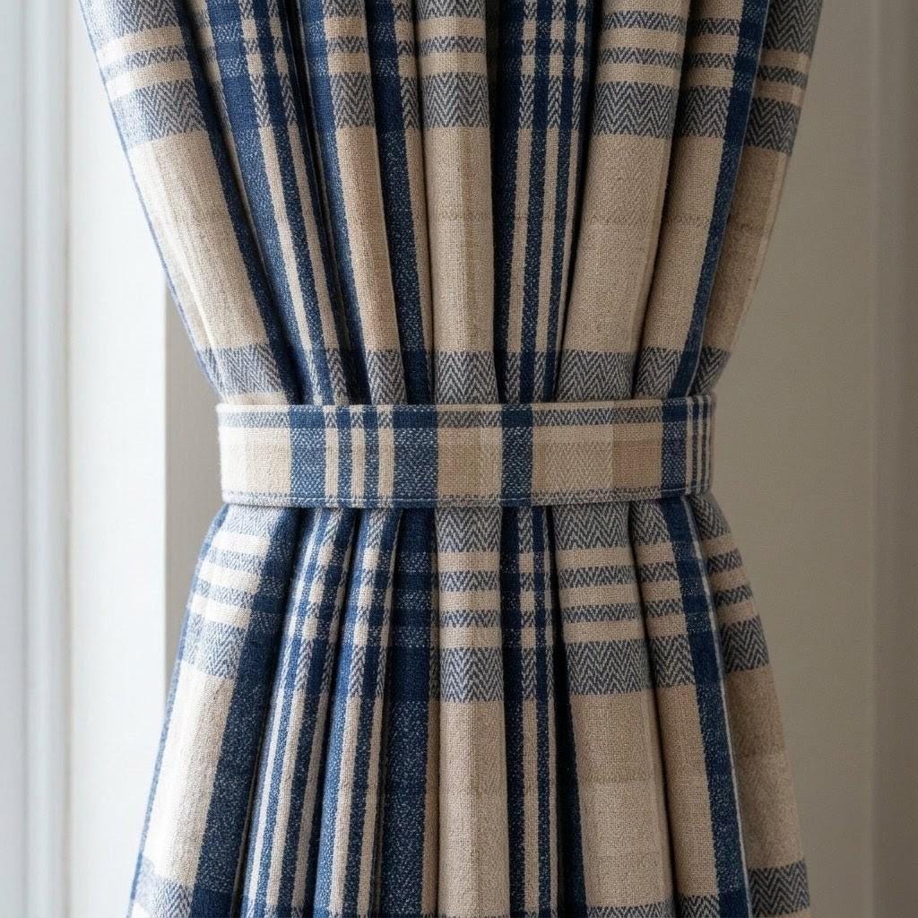 Navy Blue & Natural Beige Pure Linen Curtains, Printed Herringbone Plaid Farmhouse Drapes, Custom Blackout or Light Filtering Panels — image 1