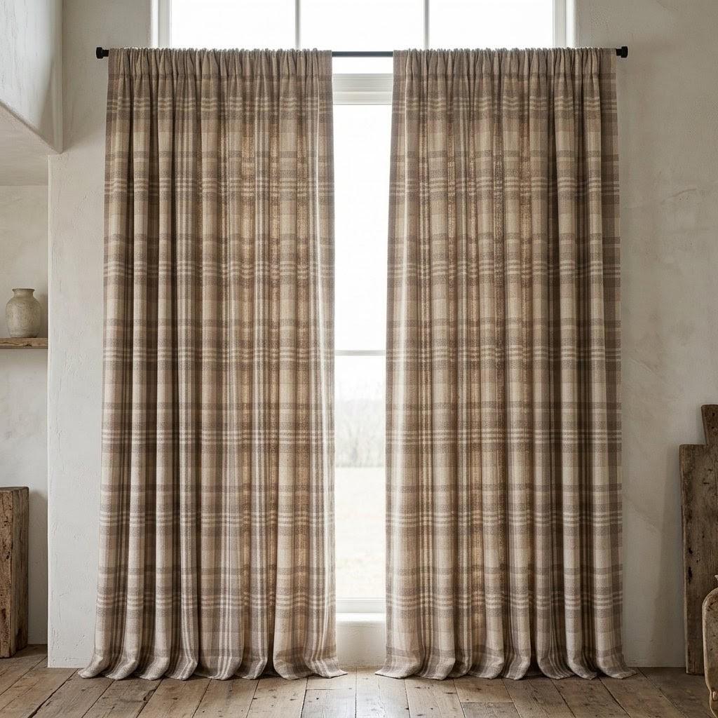 Taupe Gray & Natural Beige Pure Linen Curtains, Printed Herringbone Plaid Farmhouse Drapes, Custom Blackout or Light Filtering Panels — image 3