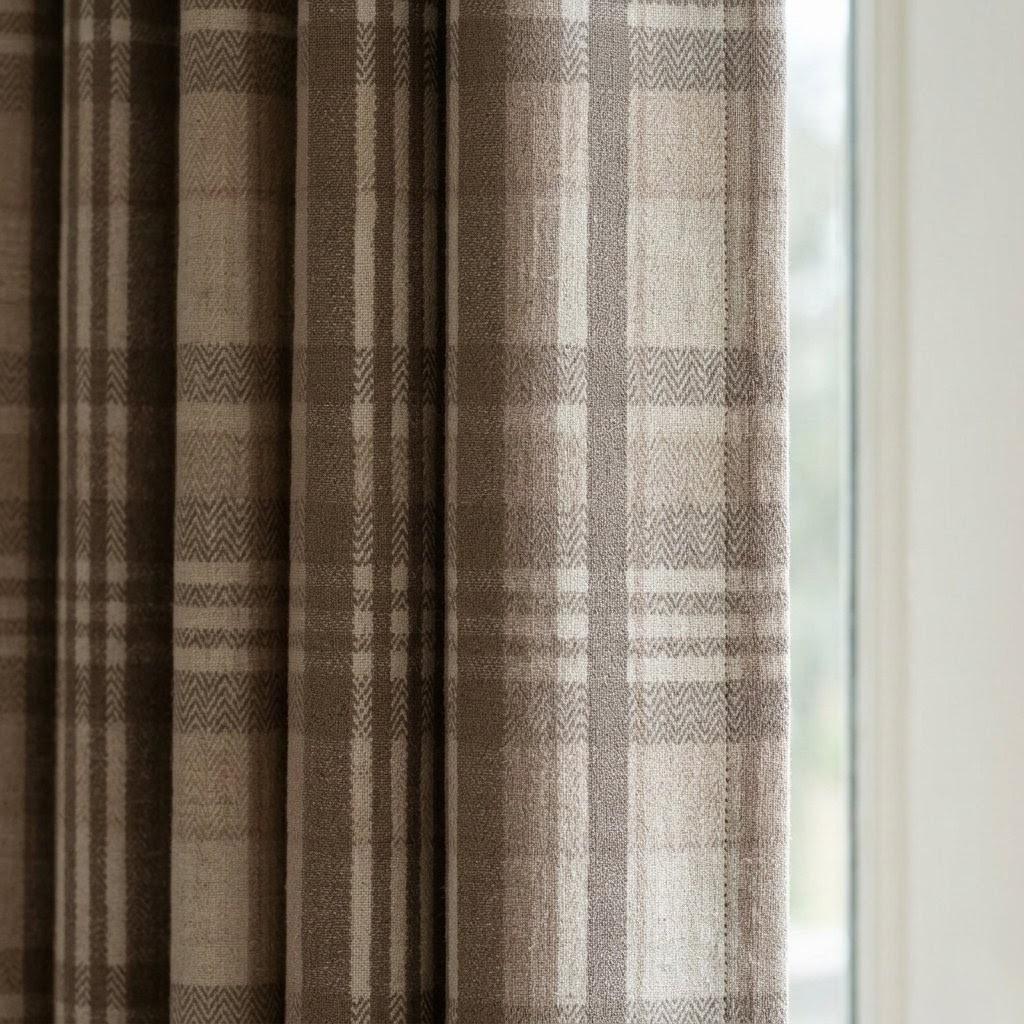 Taupe Gray & Natural Beige Pure Linen Curtains, Printed Herringbone Plaid Farmhouse Drapes, Custom Blackout or Light Filtering Panels — image 1