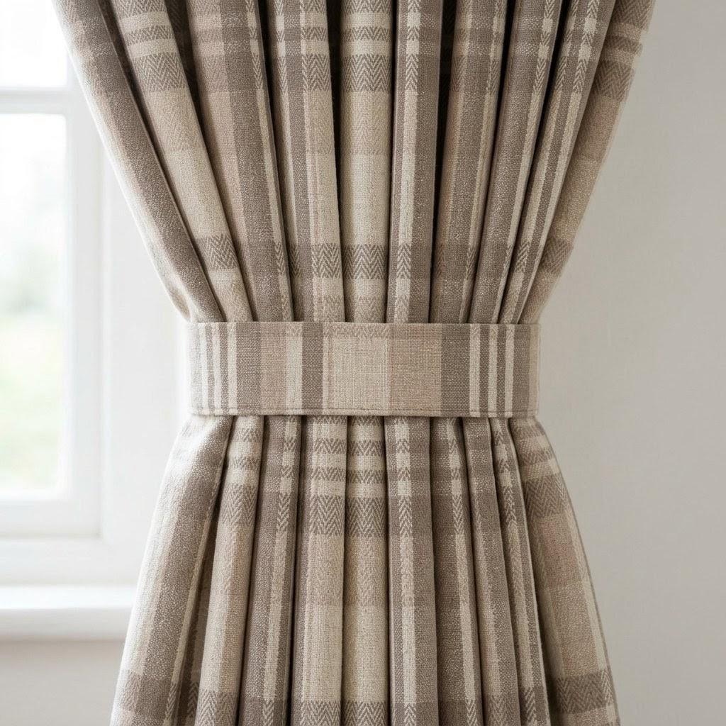 Taupe Gray & Natural Beige Pure Linen Curtains, Printed Herringbone Plaid Farmhouse Drapes, Custom Blackout or Light Filtering Panels — image 1