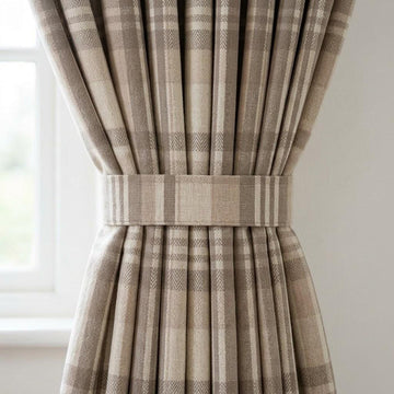 Taupe Gray & Natural Beige Pure Linen Curtains, Printed Herringbone Plaid Farmhouse Drapes, Custom Blackout or Light Filtering Panels — image 1