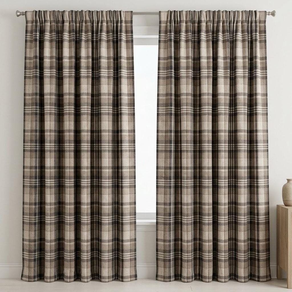 Charcoal Black, Taupe & Ivory Pure Linen Curtains, Printed Herringbone Plaid Farmhouse Drapes, Custom Blackout or Light Filtering Panels — image 5