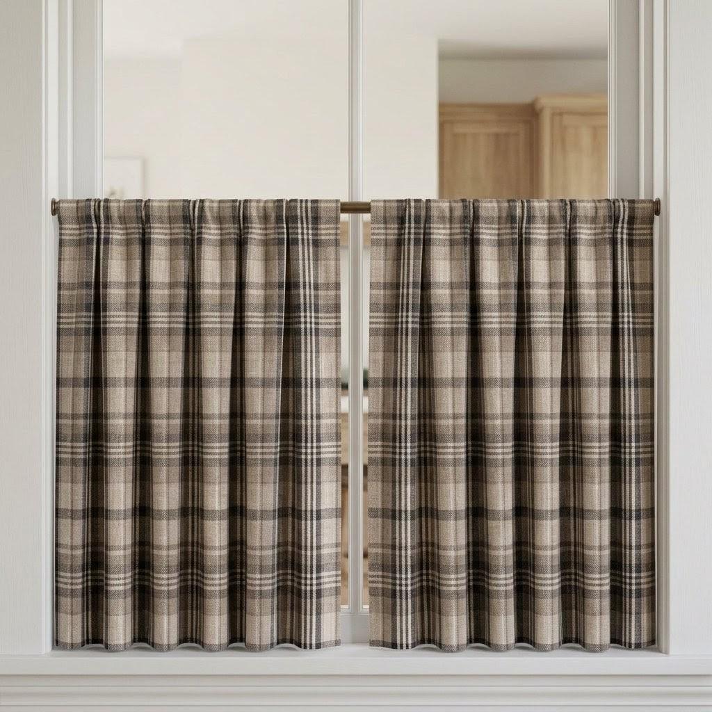 Charcoal Black, Taupe & Ivory Pure Linen Curtains, Printed Herringbone Plaid Farmhouse Drapes, Custom Blackout or Light Filtering Panels — image 7