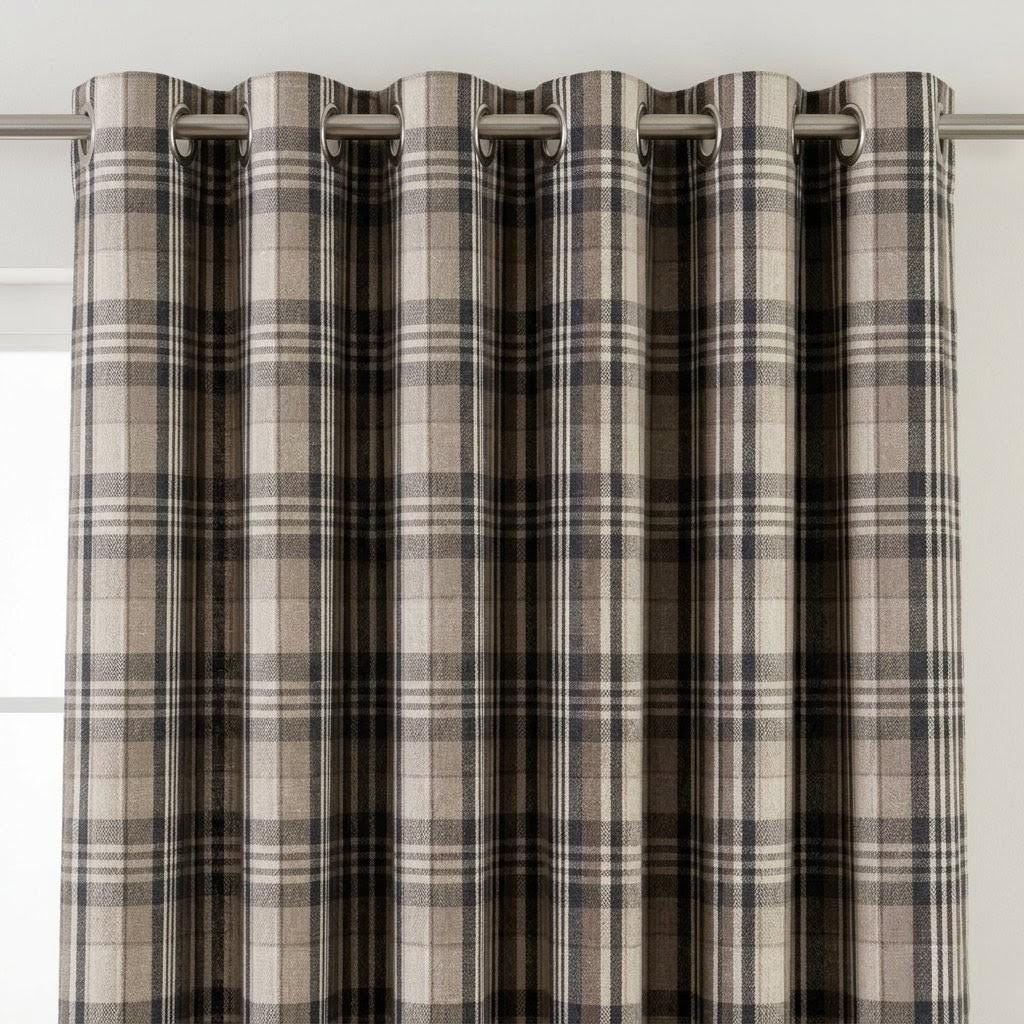 Charcoal Black, Taupe & Ivory Pure Linen Curtains, Printed Herringbone Plaid Farmhouse Drapes, Custom Blackout or Light Filtering Panels — image 3