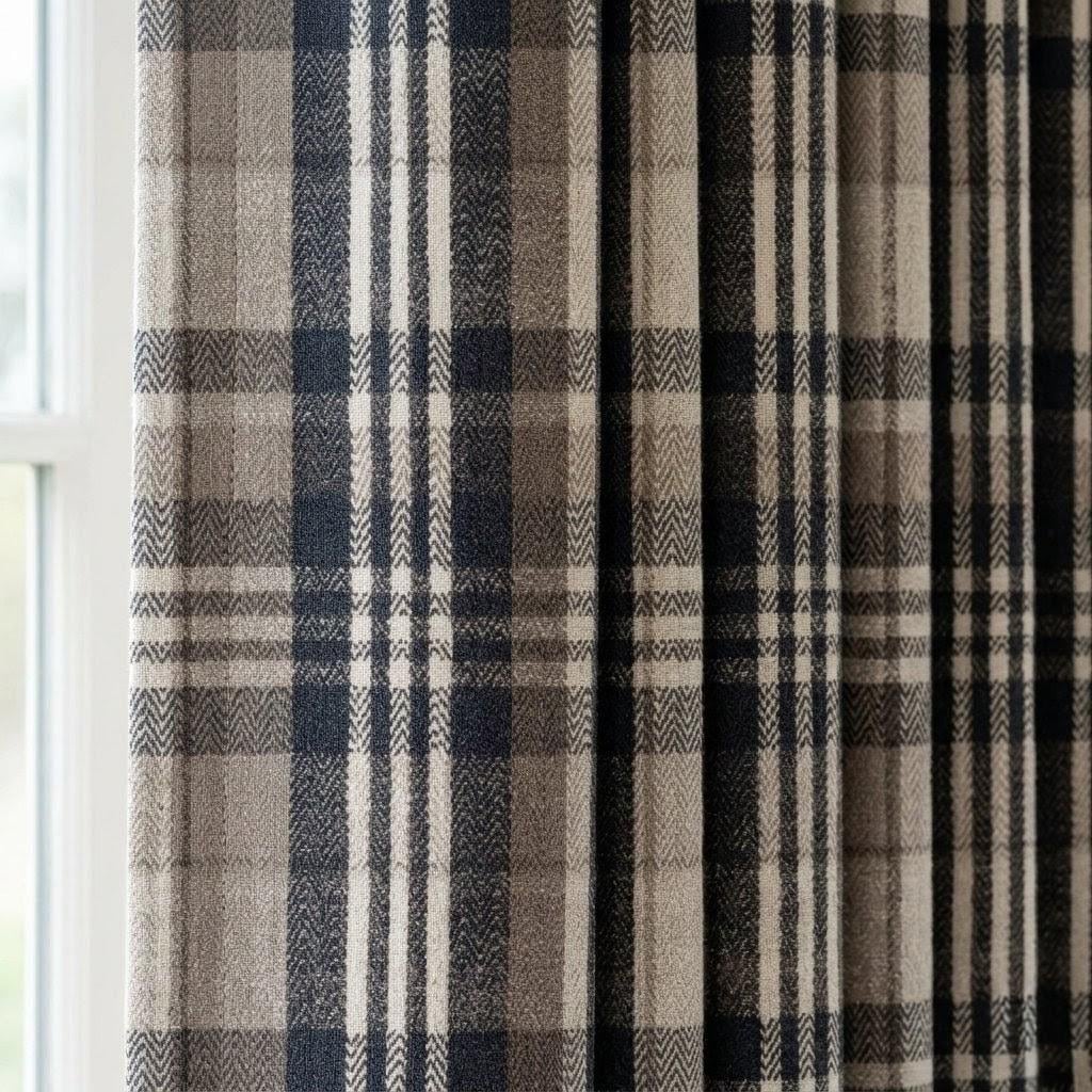 Charcoal Black, Taupe & Ivory Pure Linen Curtains, Printed Herringbone Plaid Farmhouse Drapes, Custom Blackout or Light Filtering Panels — image 1