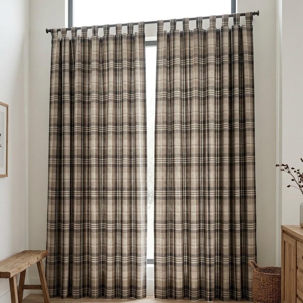 Charcoal Black, Taupe & Ivory Pure Linen Curtains, Printed Herringbone Plaid Farmhouse Drapes, Custom Blackout or Light Filtering Panels — image 8