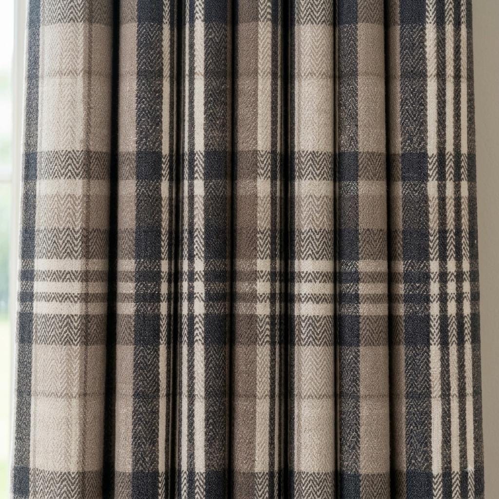 Charcoal Black, Taupe & Ivory Pure Linen Curtains, Printed Herringbone Plaid Farmhouse Drapes, Custom Blackout or Light Filtering Panels — image 9