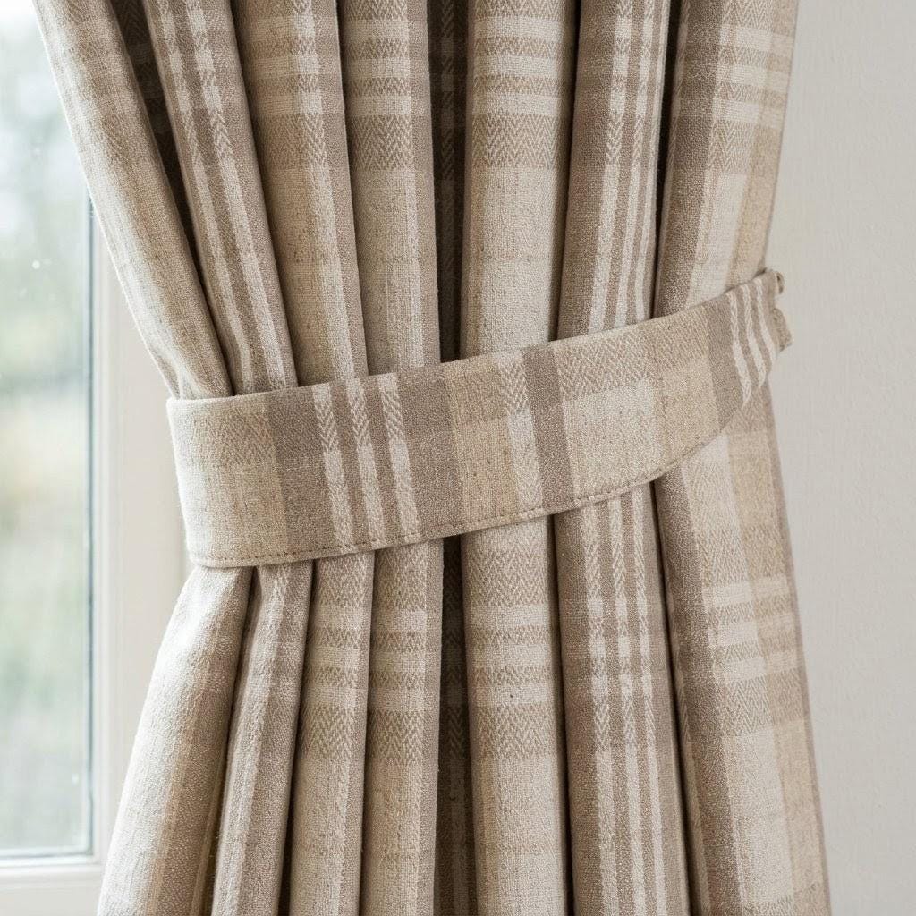 Oatmeal Beige & Ivory Pure Linen Curtains, Printed Herringbone Plaid Farmhouse Drapes, Custom Blackout or Light Filtering Panels — image 1