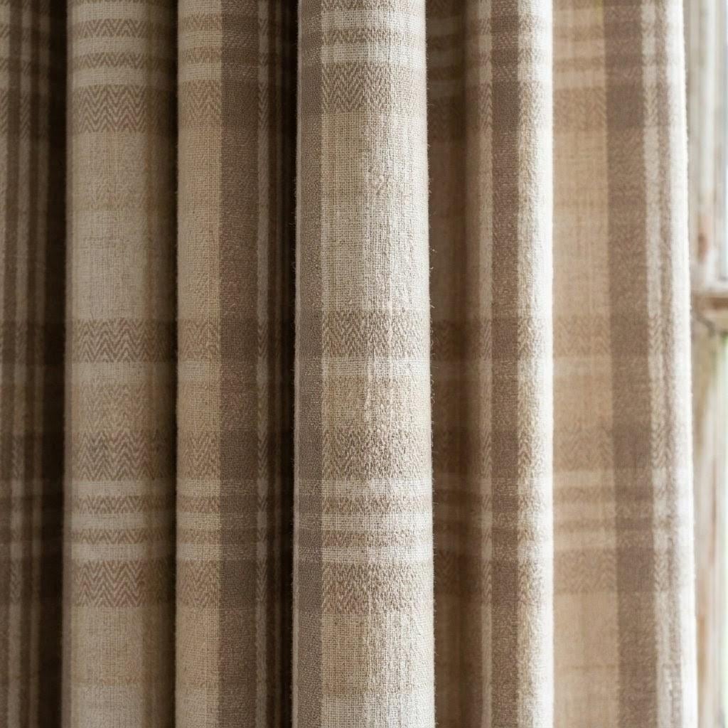 Oatmeal Beige & Ivory Pure Linen Curtains, Printed Herringbone Plaid Farmhouse Drapes, Custom Blackout or Light Filtering Panels — image 5