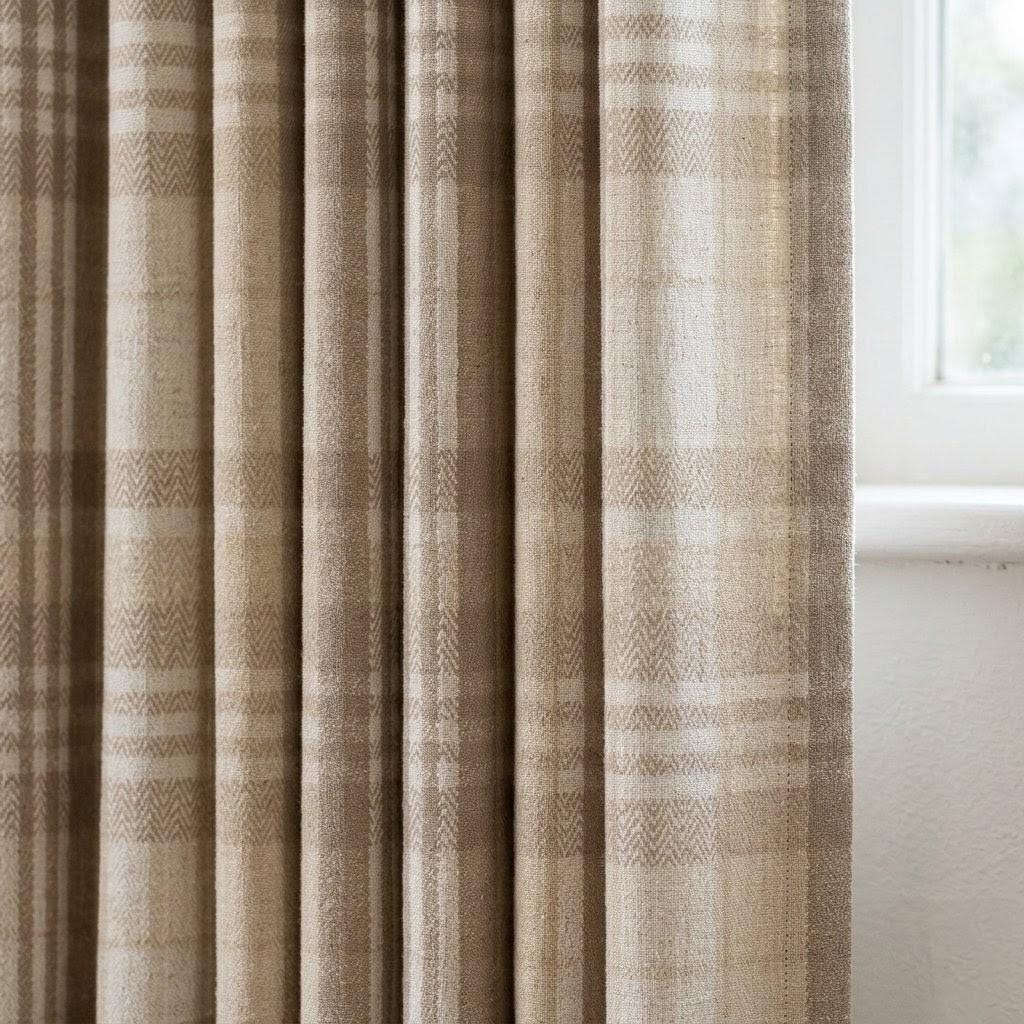 Oatmeal Beige & Ivory Pure Linen Curtains, Printed Herringbone Plaid Farmhouse Drapes, Custom Blackout or Light Filtering Panels — image 2