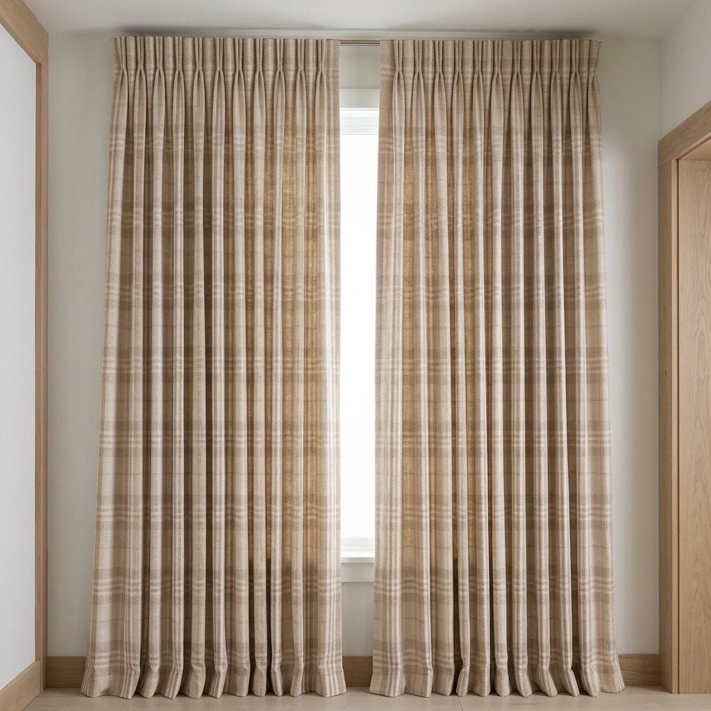 Oatmeal Beige & Ivory Pure Linen Curtains, Printed Herringbone Plaid Farmhouse Drapes, Custom Blackout or Light Filtering Panels — image 9