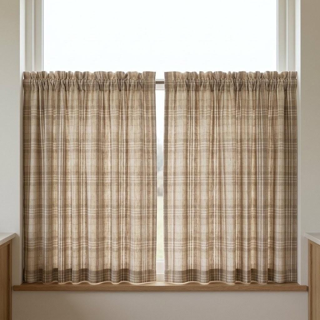 Oatmeal Beige & Ivory Pure Linen Curtains, Printed Herringbone Plaid Farmhouse Drapes, Custom Blackout or Light Filtering Panels — image 6
